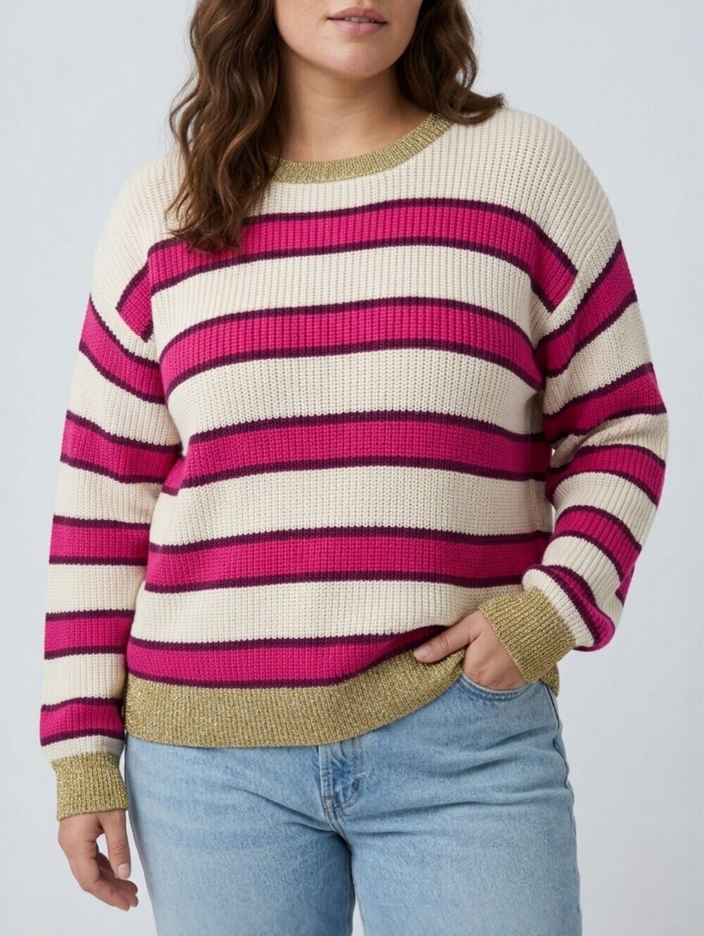 525 America Pink Stripe Metallic Lurex Knit Sweater Cotton Blend XL